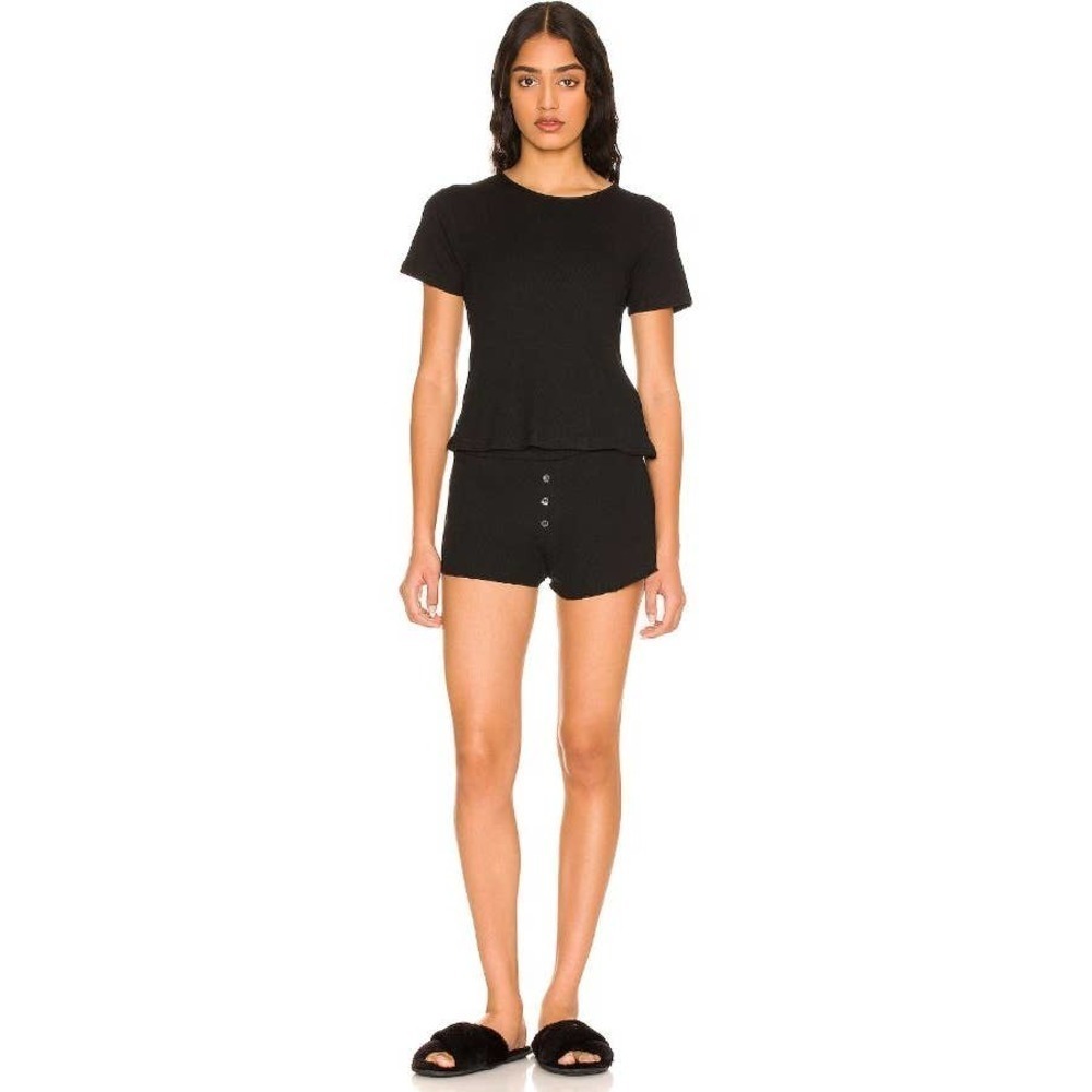 New Revolve Plush Women's Black Micro Thermal Pajama Set Elastic Waistband